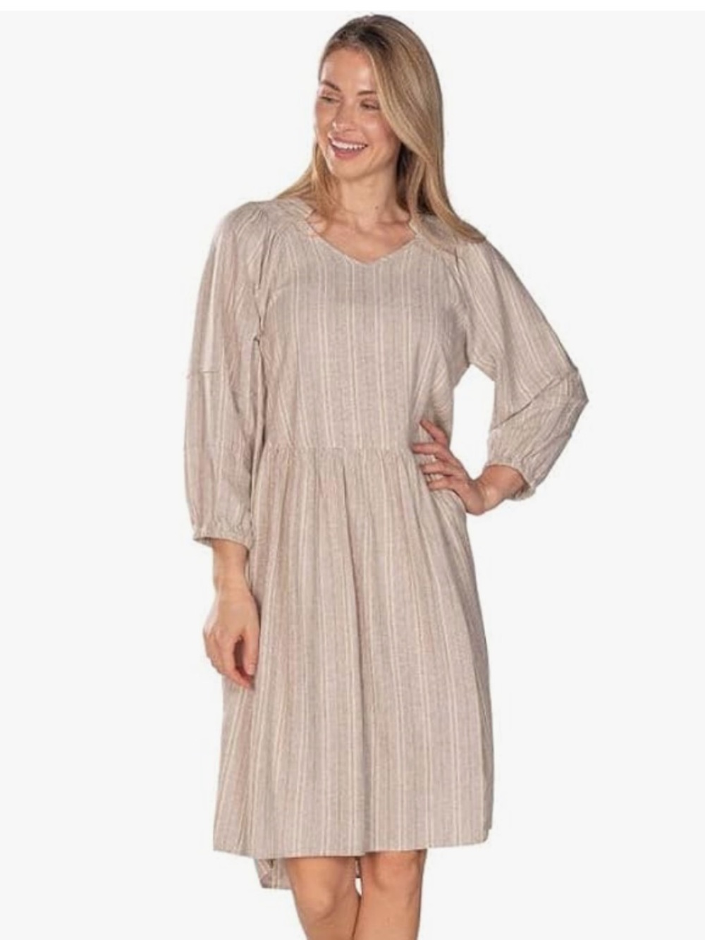 Linda Anderson Beige Metallic Stripe V-Neck Puff Sleeve Mini Dress Linen Blend L